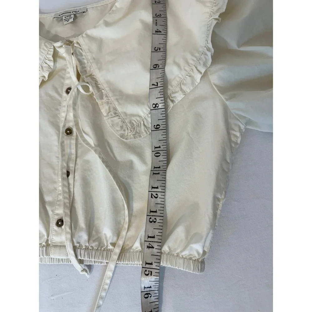American Eagle Cream Ruffle Peter Pan Collar Cropped Puff Sleeve Blouse Small - Picture 5 of 6